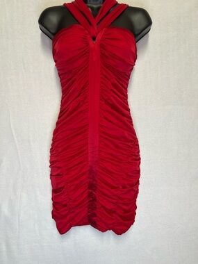 Bebe Red Ruched Strapped BodyconDress Size S Back Zip Cutout Going Out Party Y2K